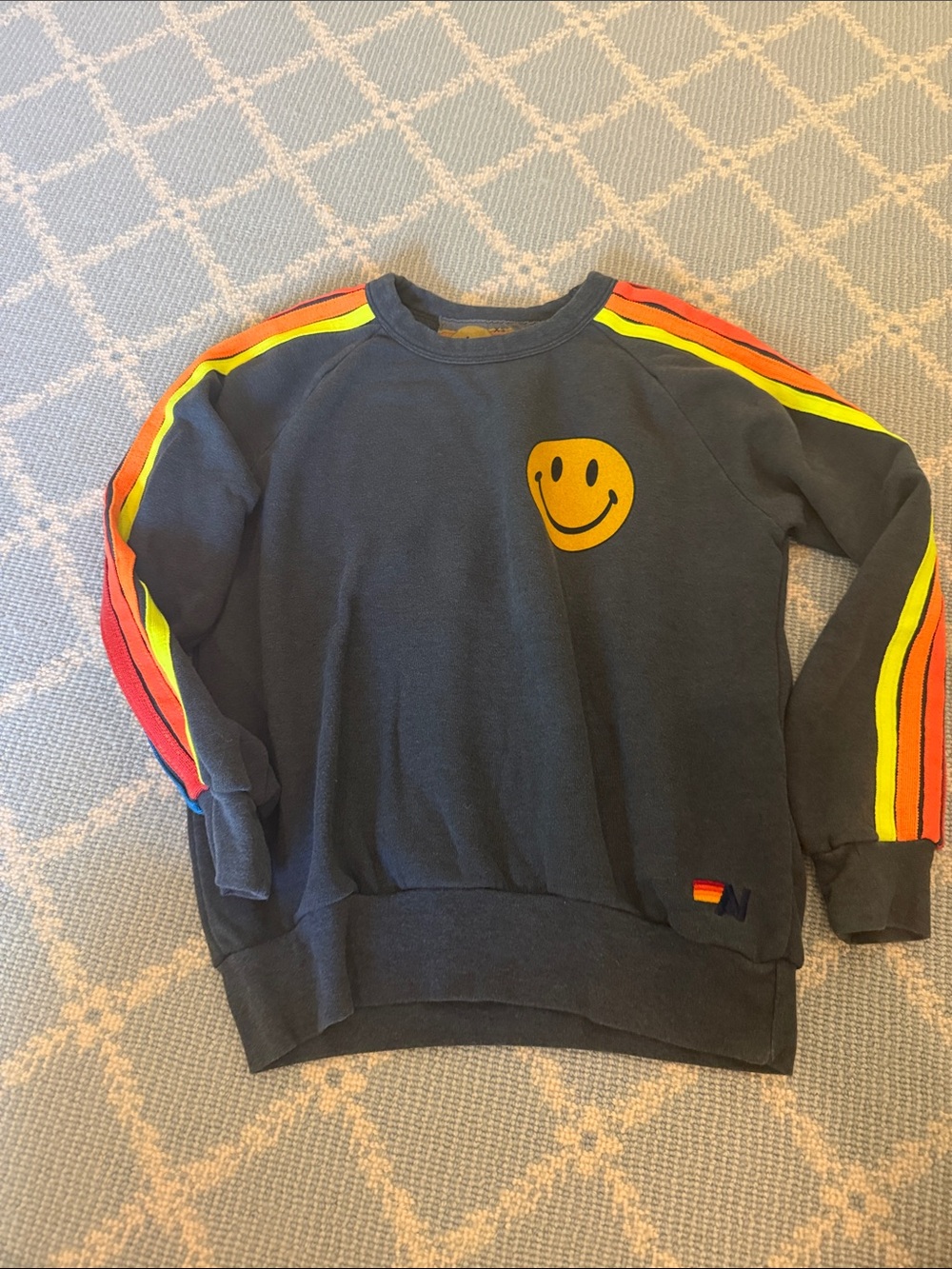 Aviator Nation Navy Sweatshirt with Yellow Smiley and Rainbow Sleeve Stripes - Picture 1 of 4